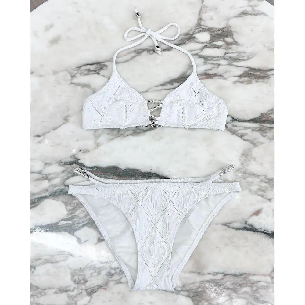 Chanel white bikini with logo pearl accents ~ Size 2