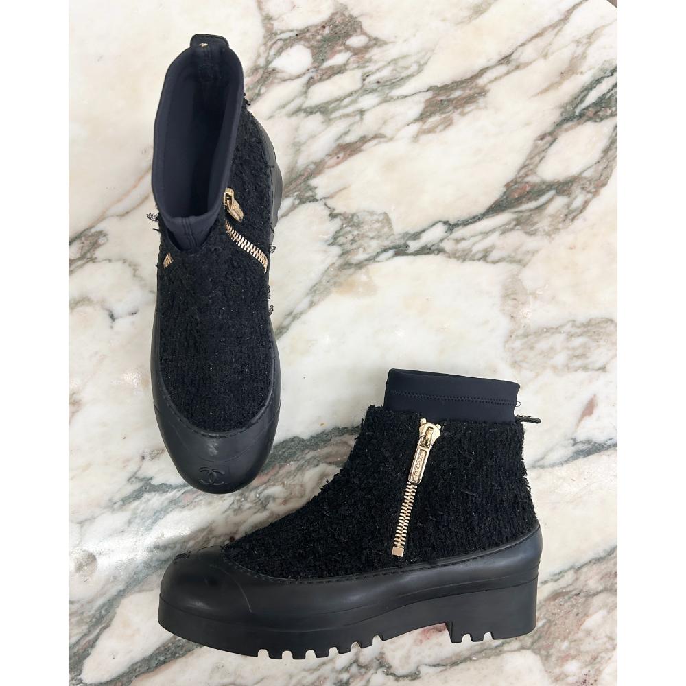 Chanel black tweed & rubber boots ~ Size 9