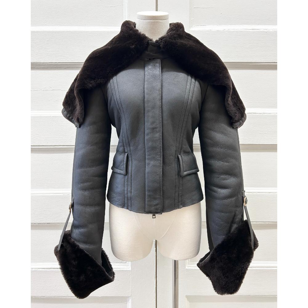 Gucci dark brown shearling jacket with convertible hood ~ Size 2