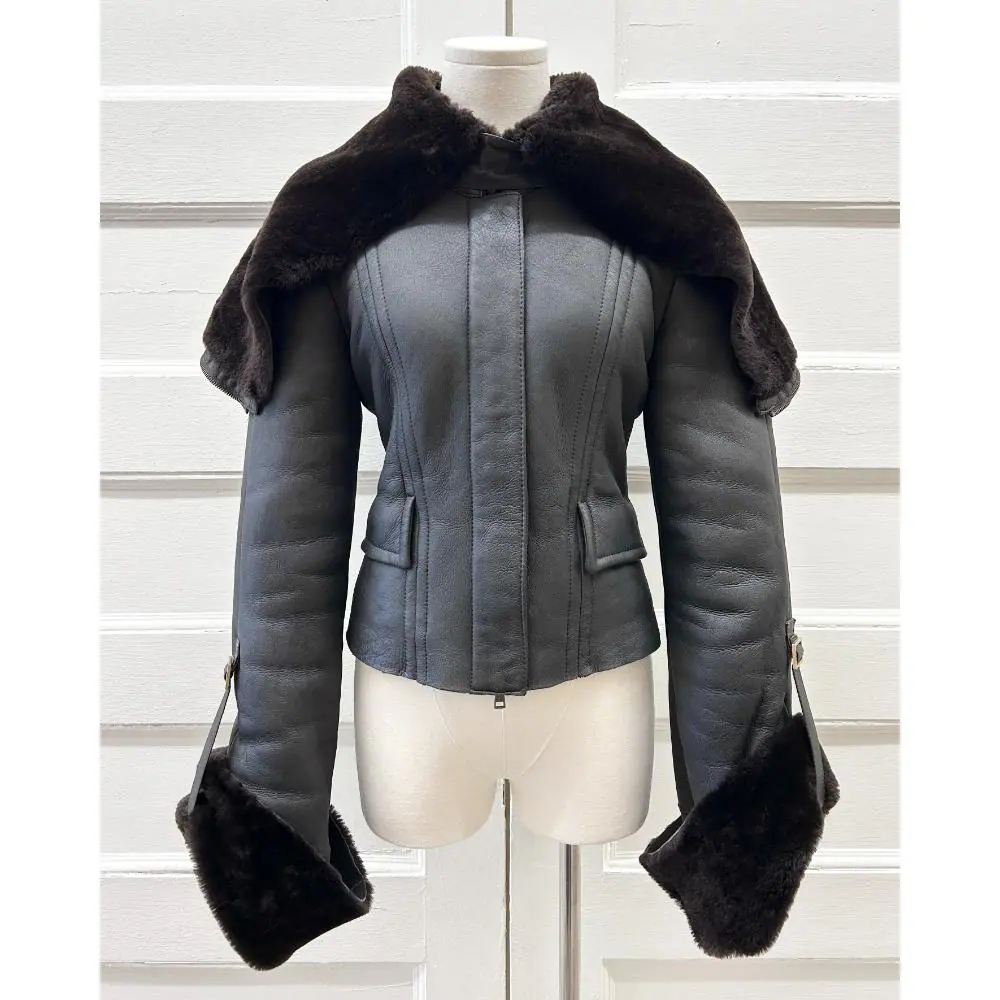 Gucci dark brown shearling jacket with convertible hood ~ Size 2