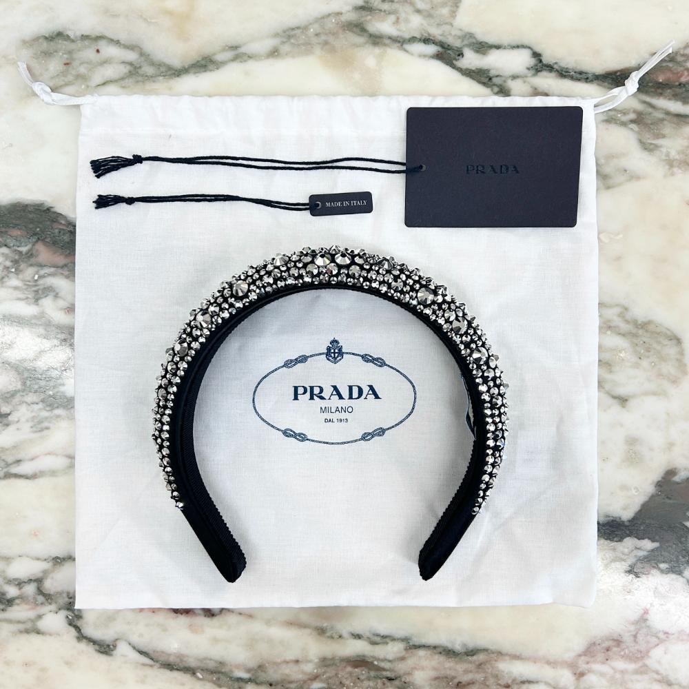 Prada black satin & silver crystal headband