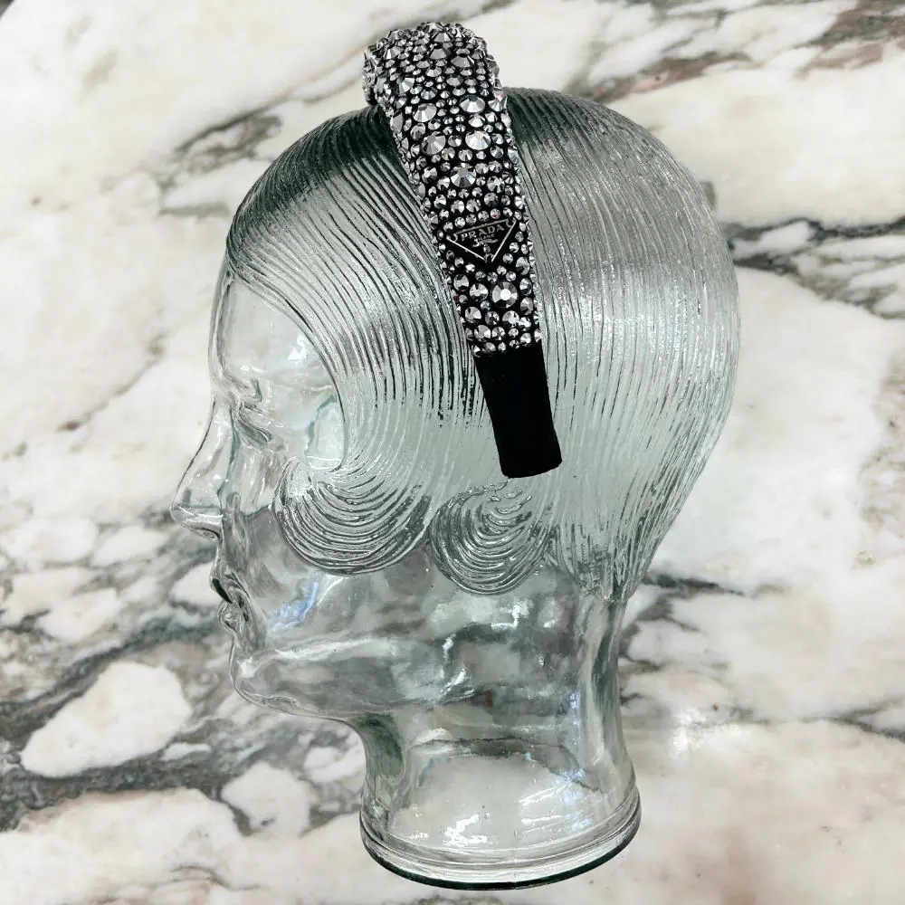 Prada black satin & silver crystal headband