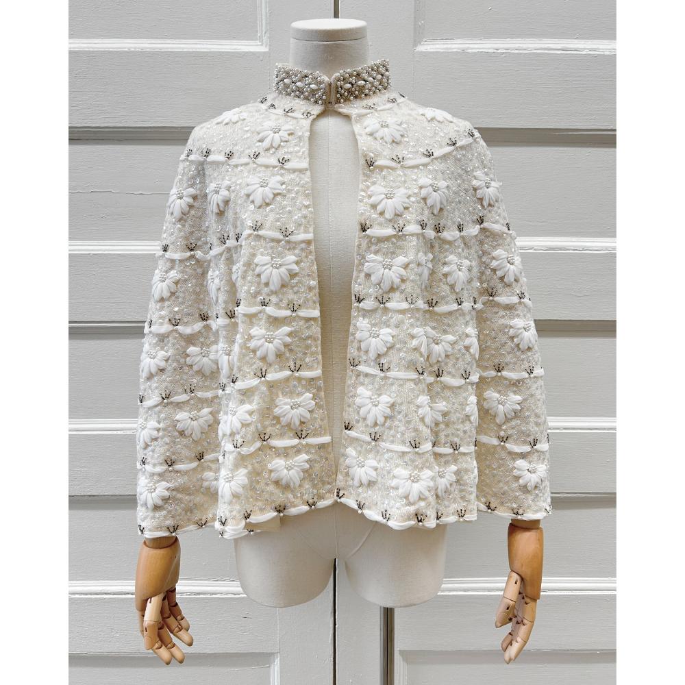 1960's hand embellished ivory & white capelet ~ Fits most sizes
