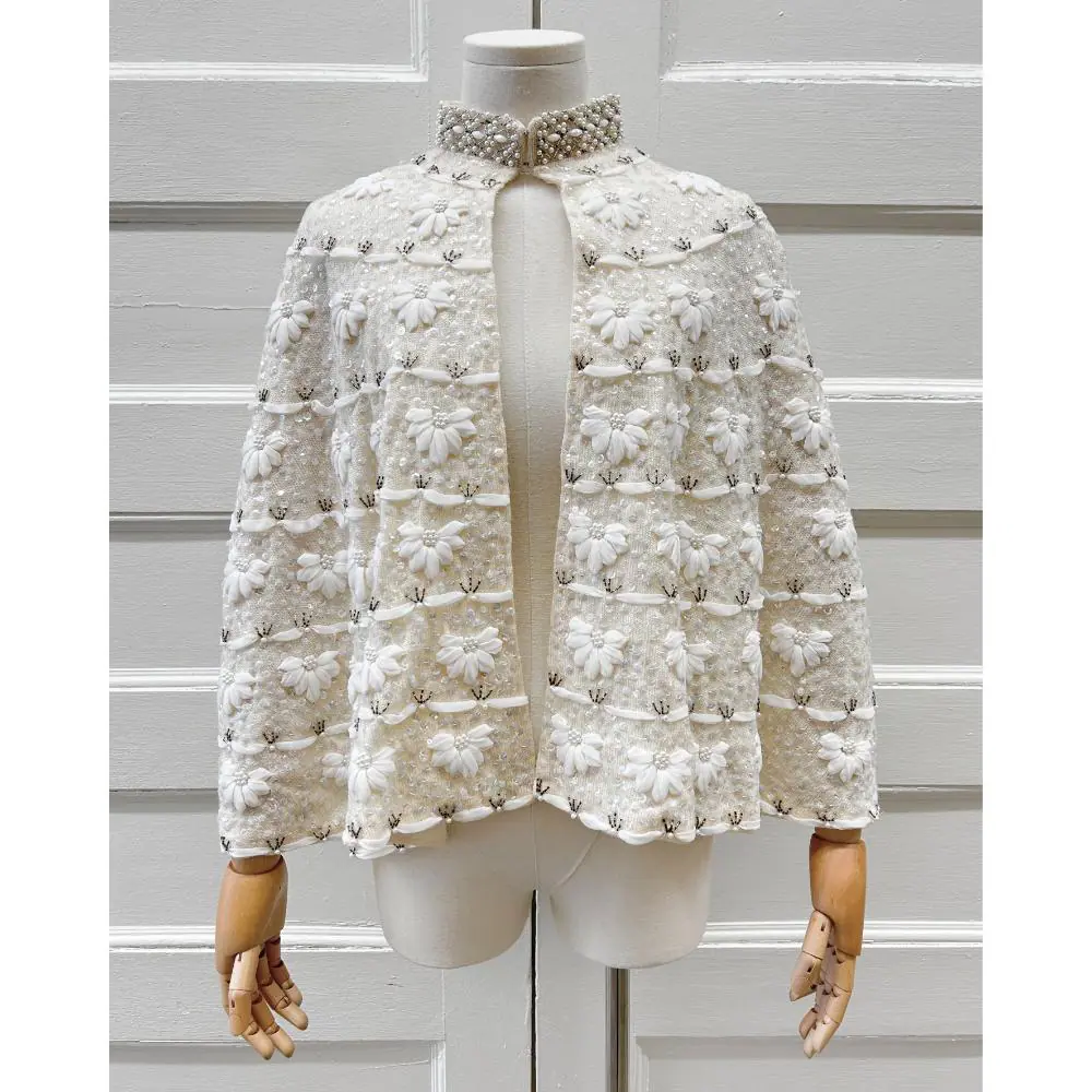 1960's hand embellished ivory & white capelet ~ Fits most sizes