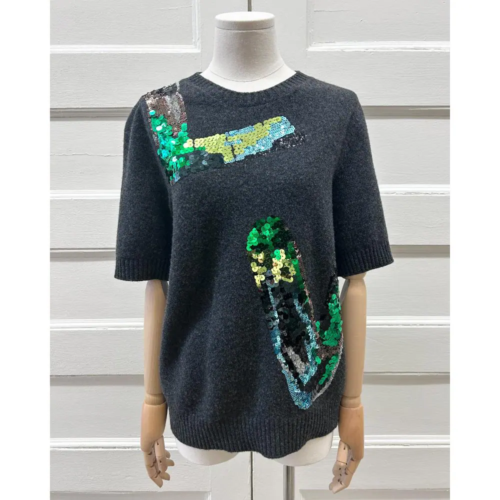 Louis Vuitton grey wool sweater w/ sequin logo ~ Size 4