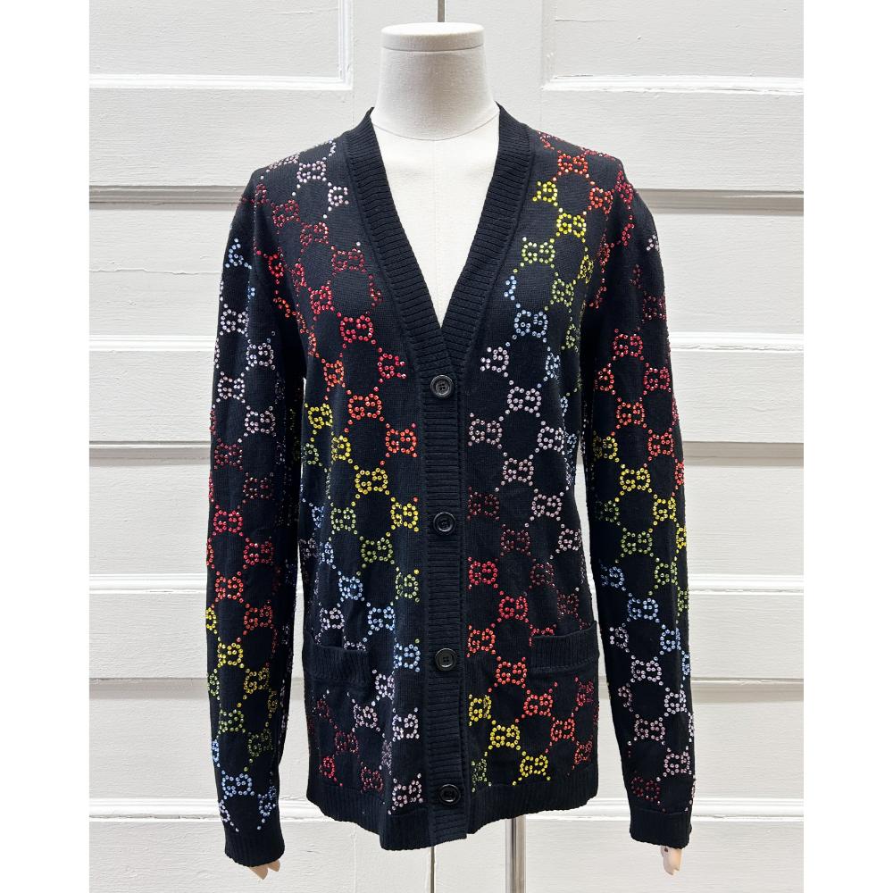 Gucci black cardigan w/ rainbow crystal monogram pattern ~ Size 4/6