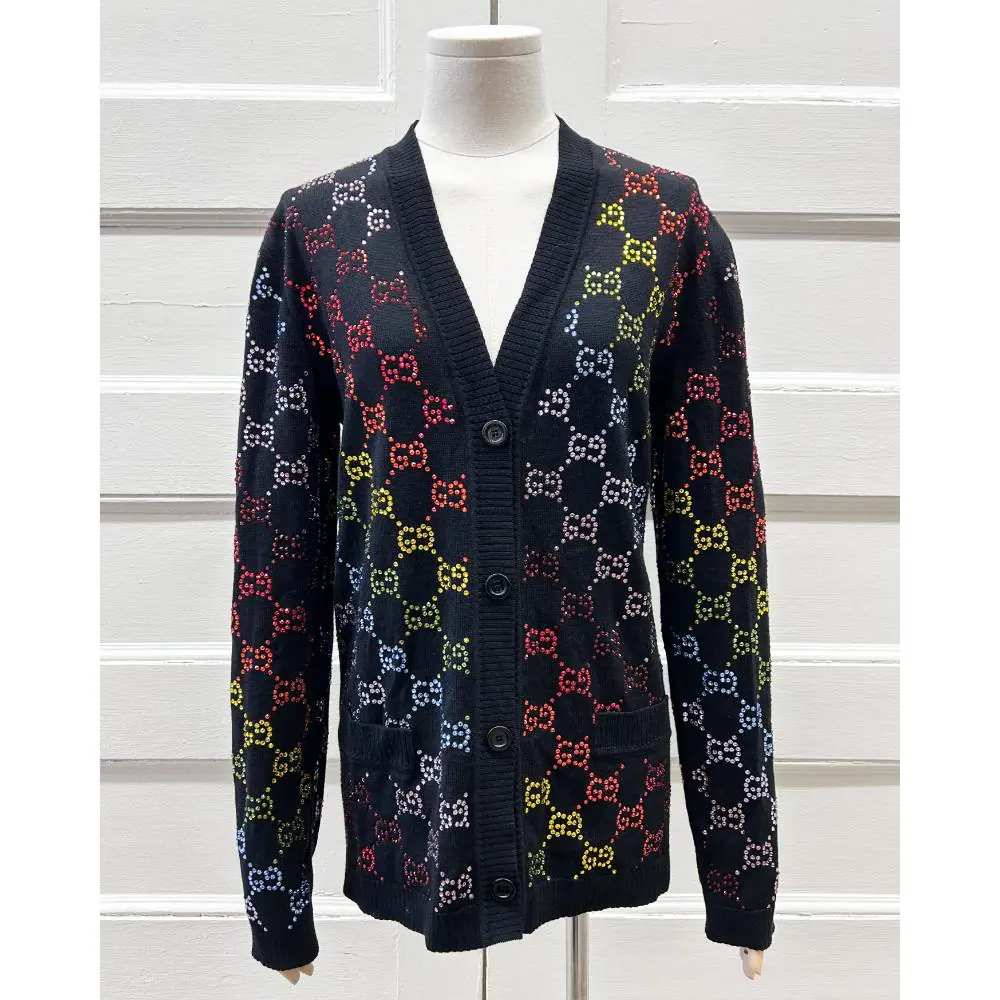 Gucci black cardigan w/ rainbow crystal monogram pattern ~ Size 4/6