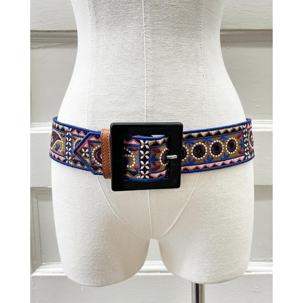 Etro embroidered belt with large square buckle
