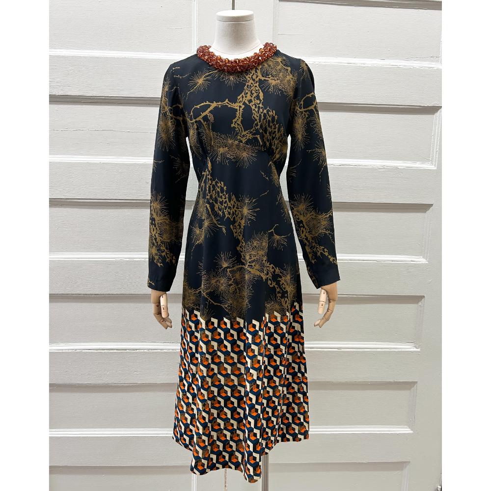 Dries Van Noten geometric print dress with beaded collar ~ Size 4/6