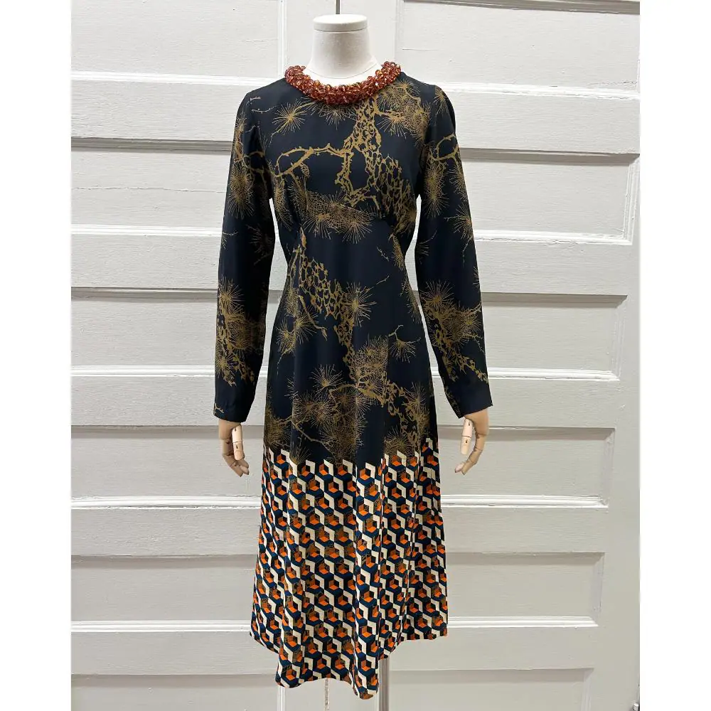 Dries Van Noten geometric print dress with beaded collar ~ Size 4/6