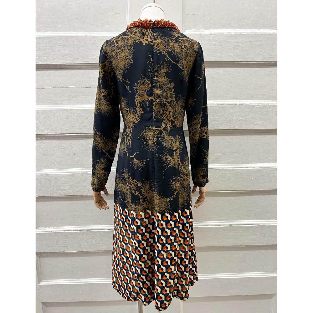 Dries Van Noten geometric print dress with beaded collar ~ Size 4/6