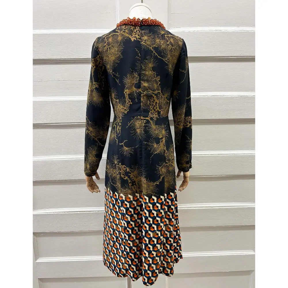 Dries Van Noten geometric print dress with beaded collar ~ Size 4/6