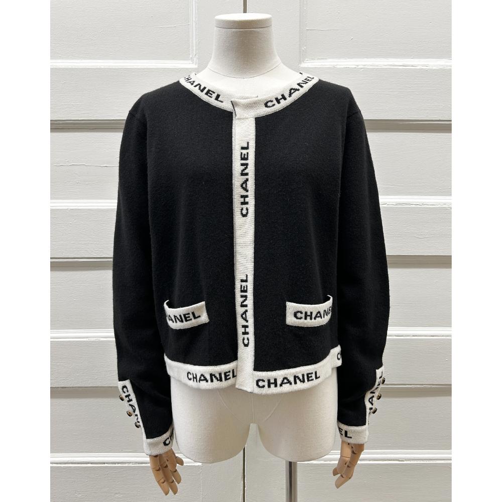 Chanel 1995 black cashmere cardigan with logo trim ~ Fits sizes 6-10