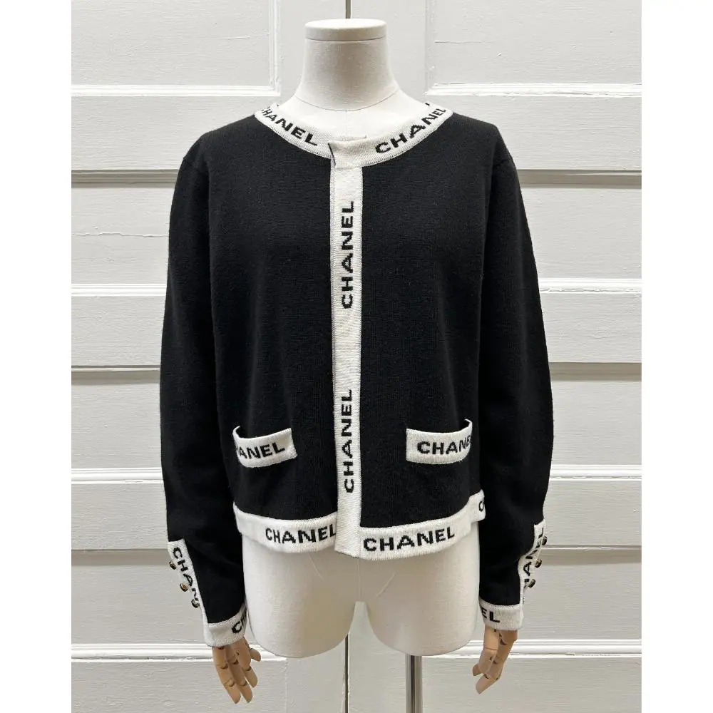 Chanel 1995 black cashmere cardigan with logo trim ~ Fits sizes 6-10