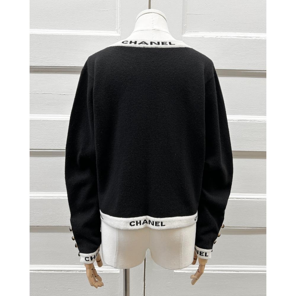 Chanel 1995 black cashmere cardigan with logo trim ~ Fits sizes 6-10