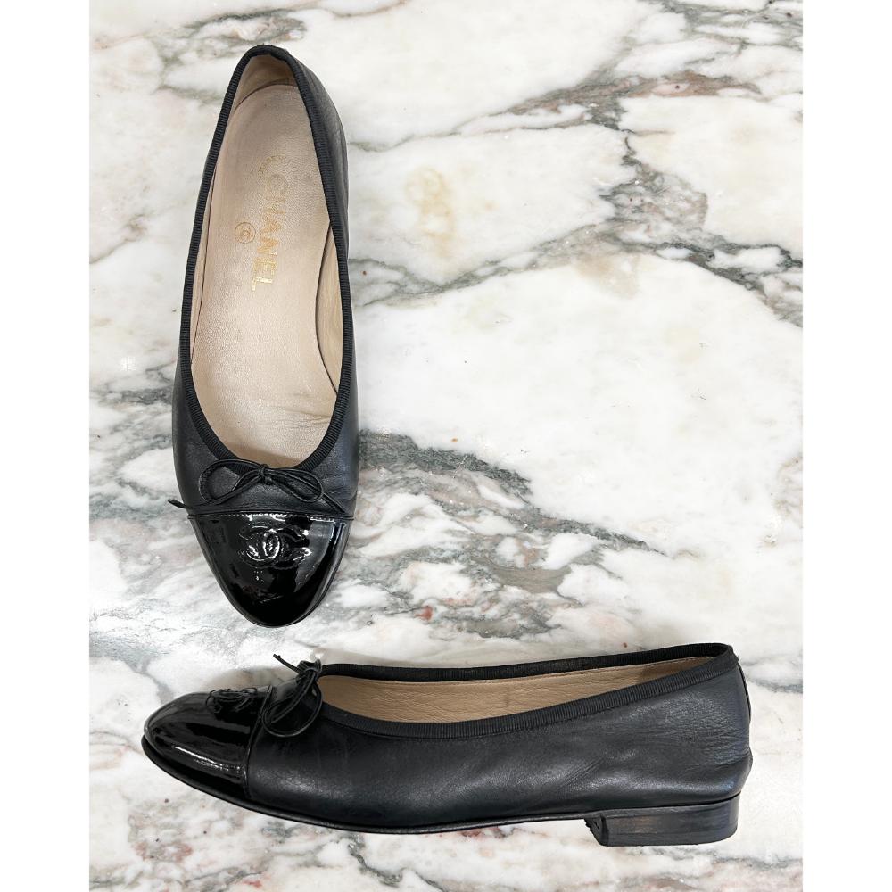 Chanel black leather flats with patent toe ~ Size 8.5