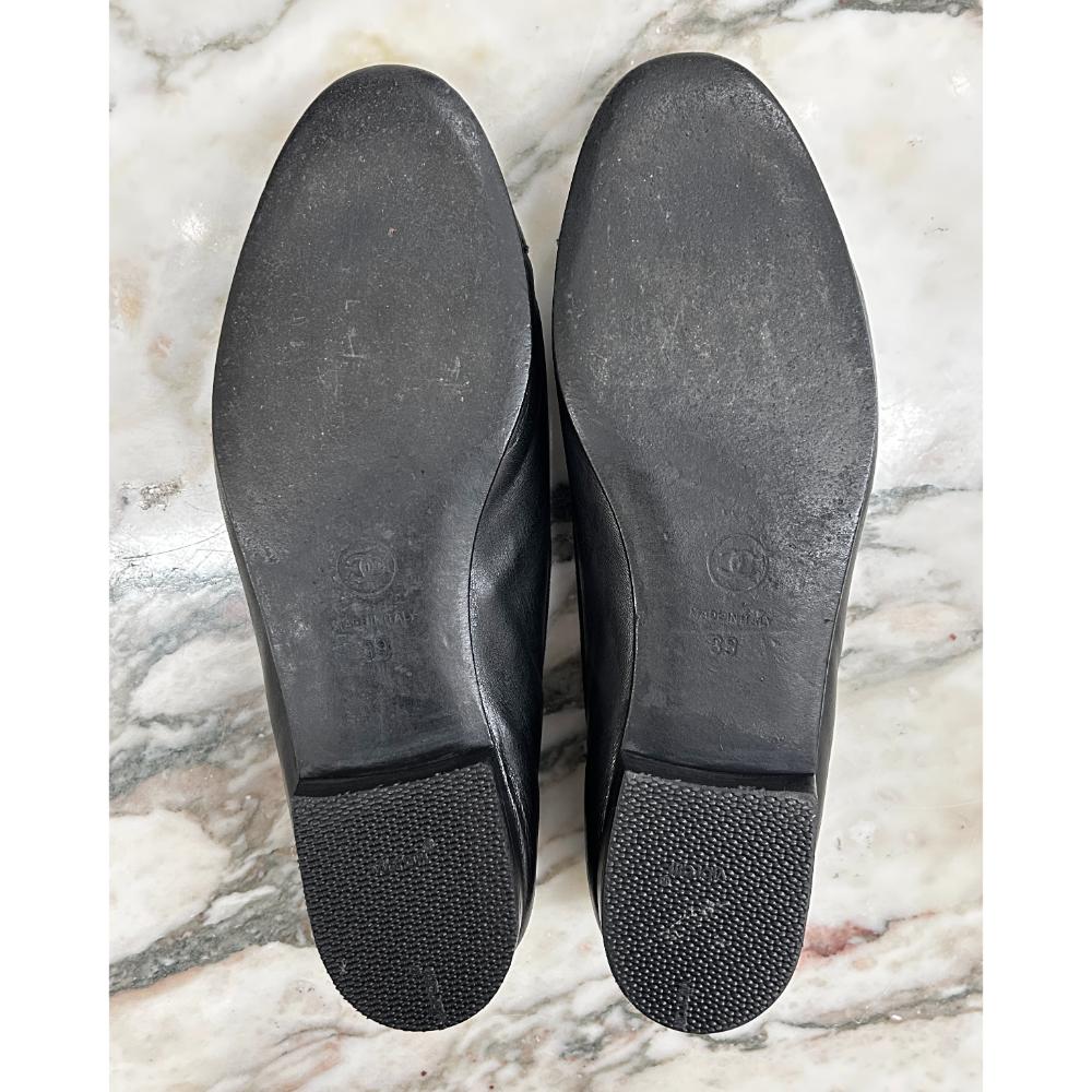 Chanel black leather flats with patent toe ~ Size 8.5
