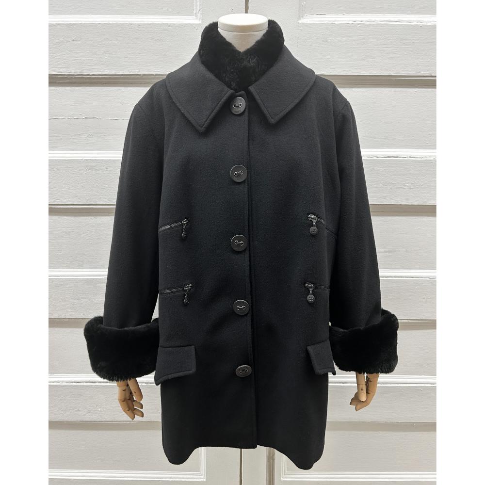 Chanel 2002 black cashmere jacket w/ removable rabbit trims ~ Size 16