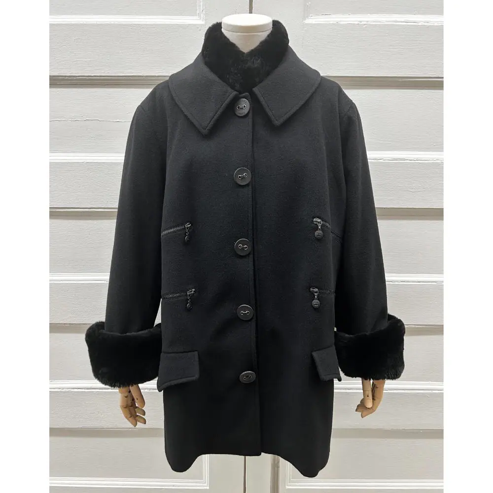 Chanel 2002 black cashmere jacket w/ removable rabbit trims ~ Size 16