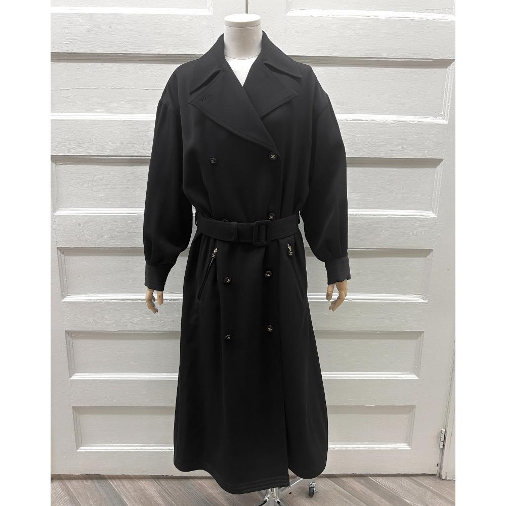 Chanel 1990's black wool jersey trench coat ~ Size 14/16