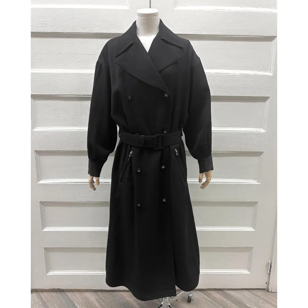 Chanel 1990's black wool jersey trench coat ~ Size 14/16