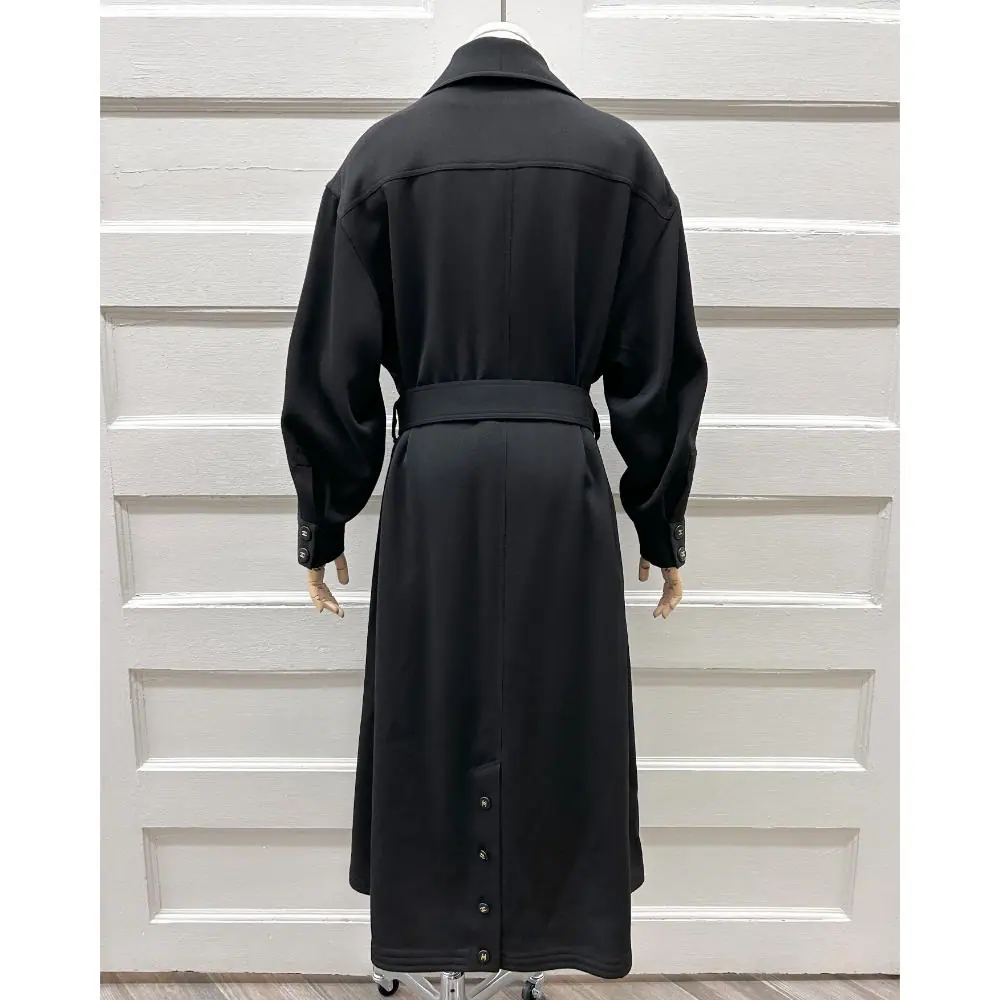 Chanel 1990's black wool jersey trench coat ~ Size 14/16