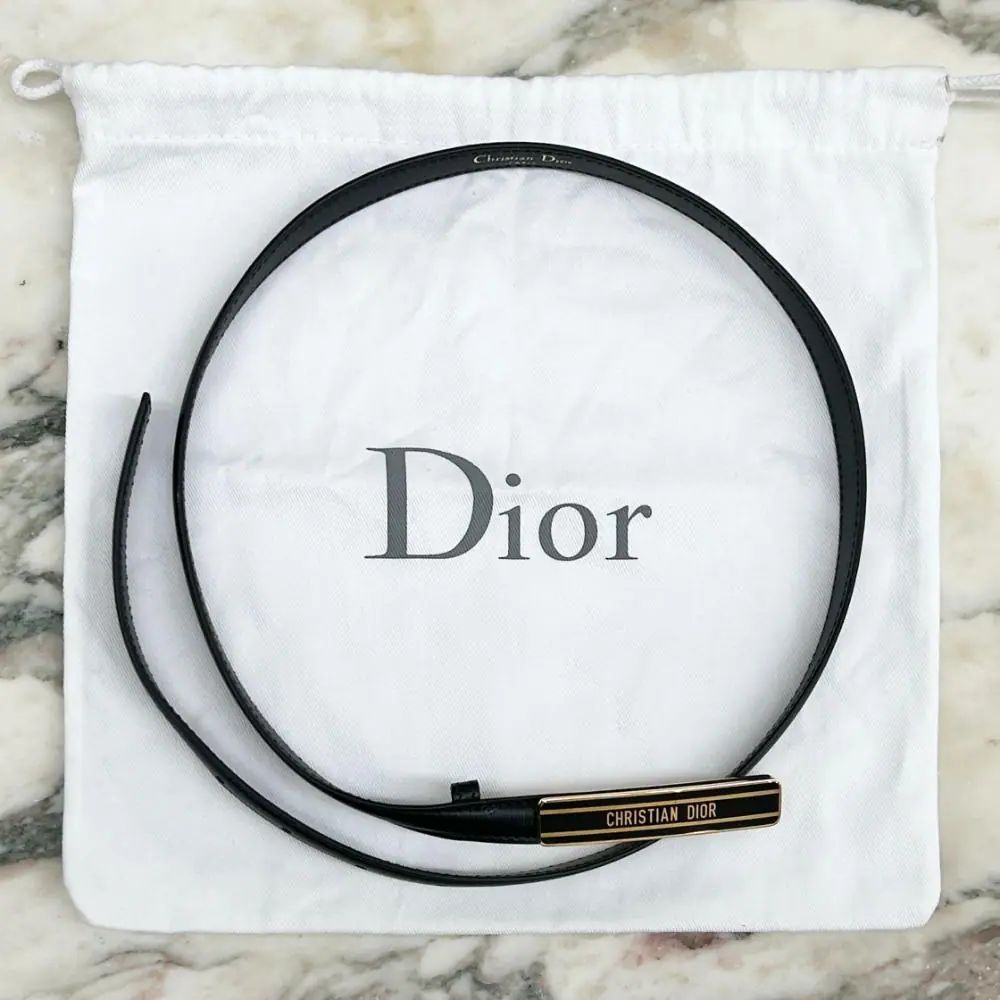 Dior Dior-ID thin black leather belt with gold & black buckle