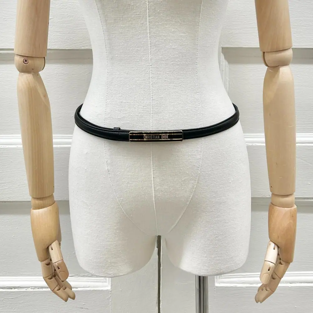Dior Dior-ID thin black leather belt with gold & black buckle