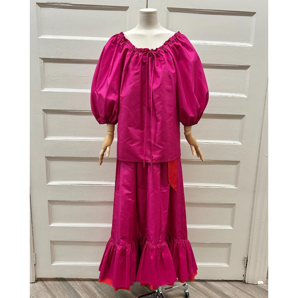 YSL 1980's hot pink silk taffeta blouse & skirt set ~ Size 4