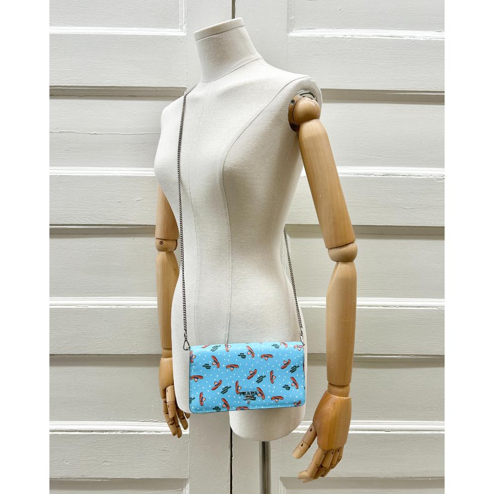 Prada blue Saffiano sombrero & cactus print crossbody bag/wristlet
