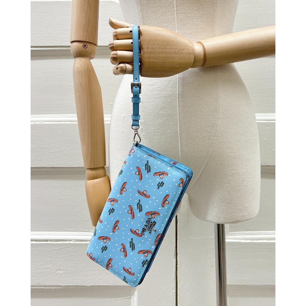 Prada blue Saffiano sombrero & cactus print crossbody bag/wristlet