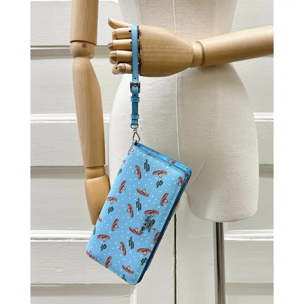 Prada blue Saffiano sombrero & cactus print crossbody bag/wristlet