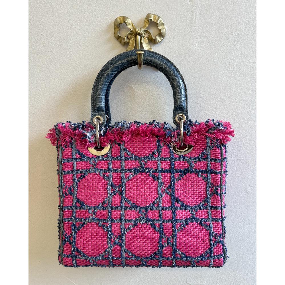 Dior Medium Lady Dior pink Cannage tweed bag w/ crocodile trim
