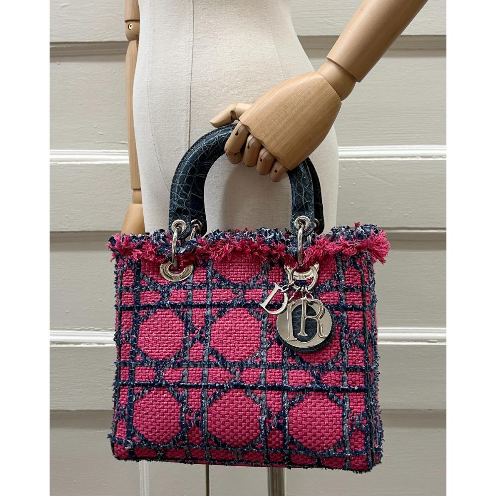 Dior Medium Lady Dior pink Cannage tweed bag w/ crocodile trim