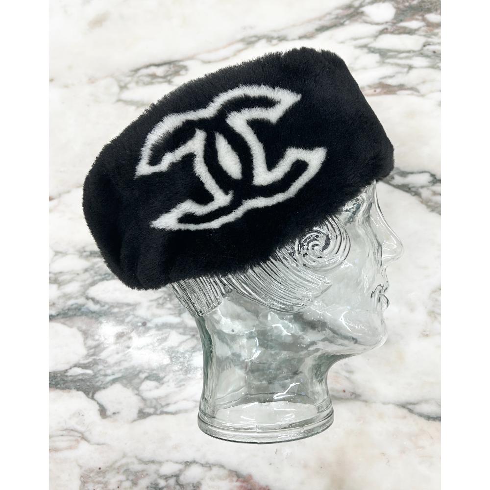 Chanel 2020 black shearling headband w/ white logos