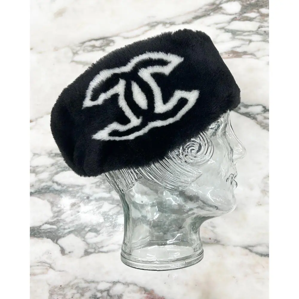 Chanel 2020 black shearling headband w/ white logos