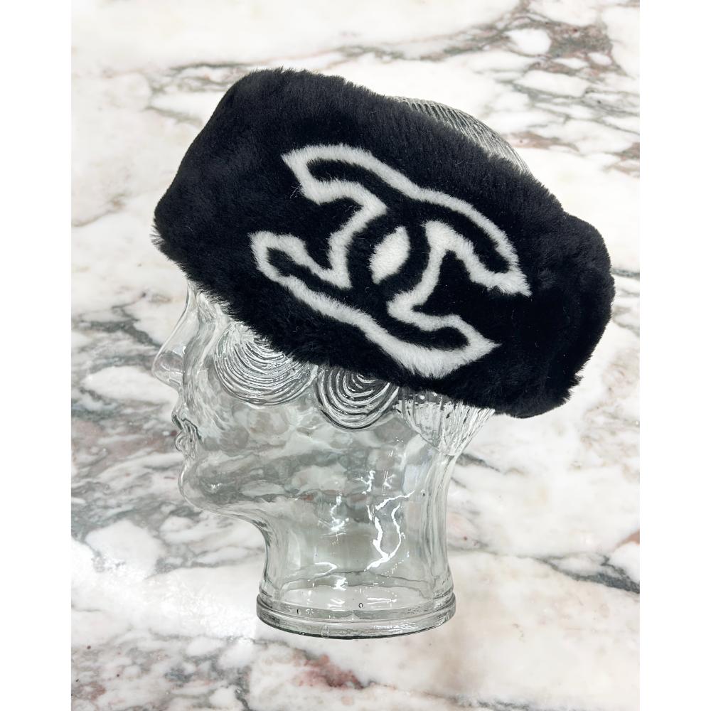 Chanel 2020 black shearling headband w/ white logos