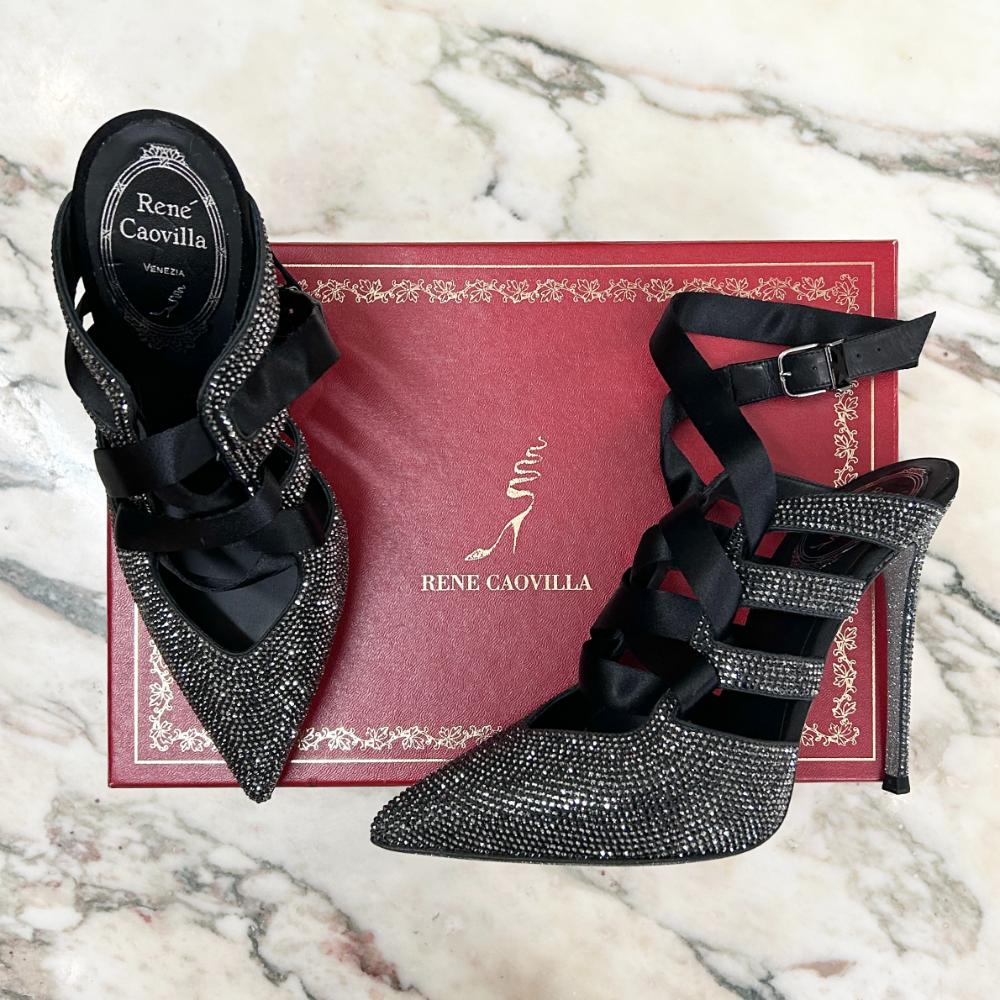 René Caovilla grey crystal lace up heels ~ Size 5.5