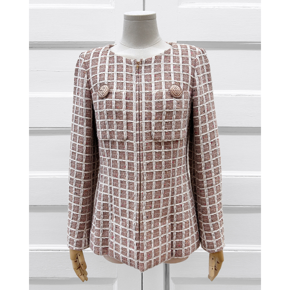 Chanel 2017 taupe & beige Fantasy Tweed zip front jacket ~ Size 6