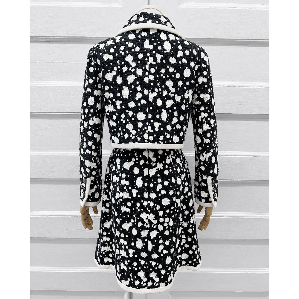 Chanel 2015 black tweed with white splatter skirt suit ~ Size 6