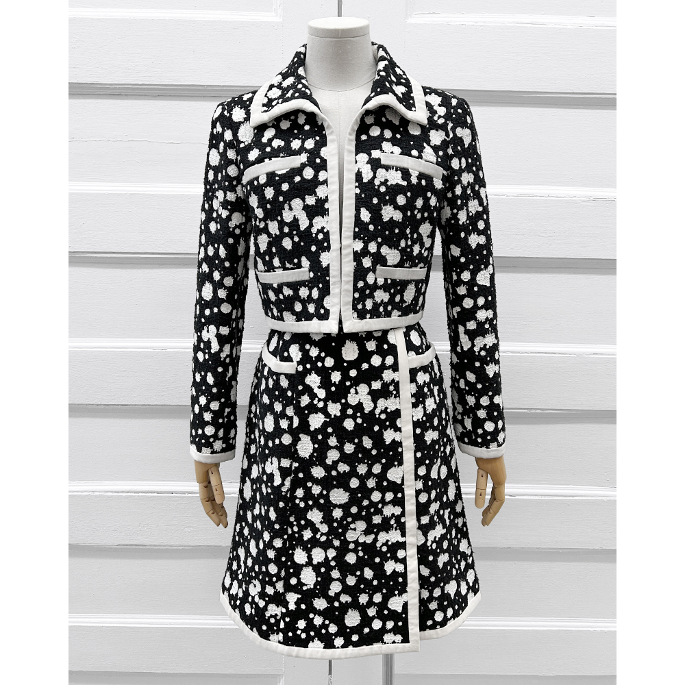 Chanel 2015 black tweed with white splatter skirt suit ~ Size 6