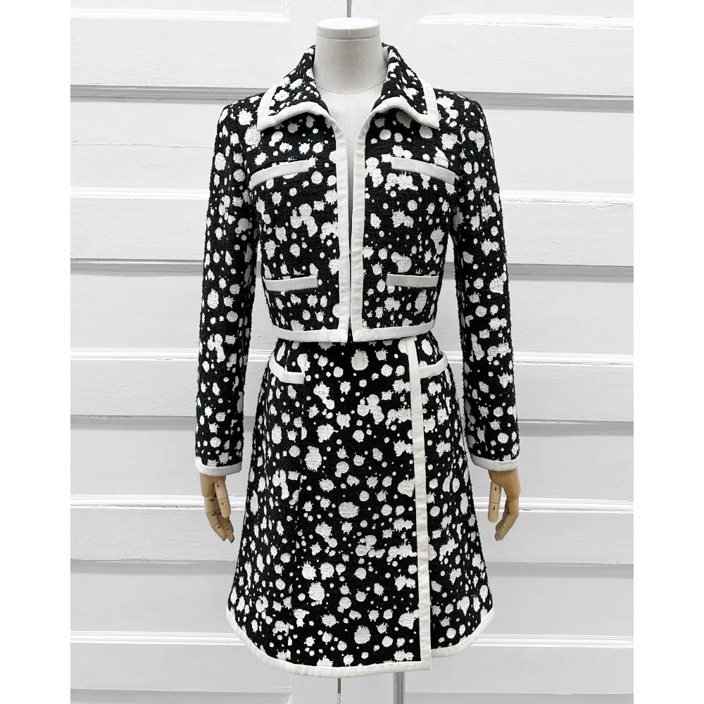 Chanel 2015 black tweed with white splatter skirt suit ~ Size 6