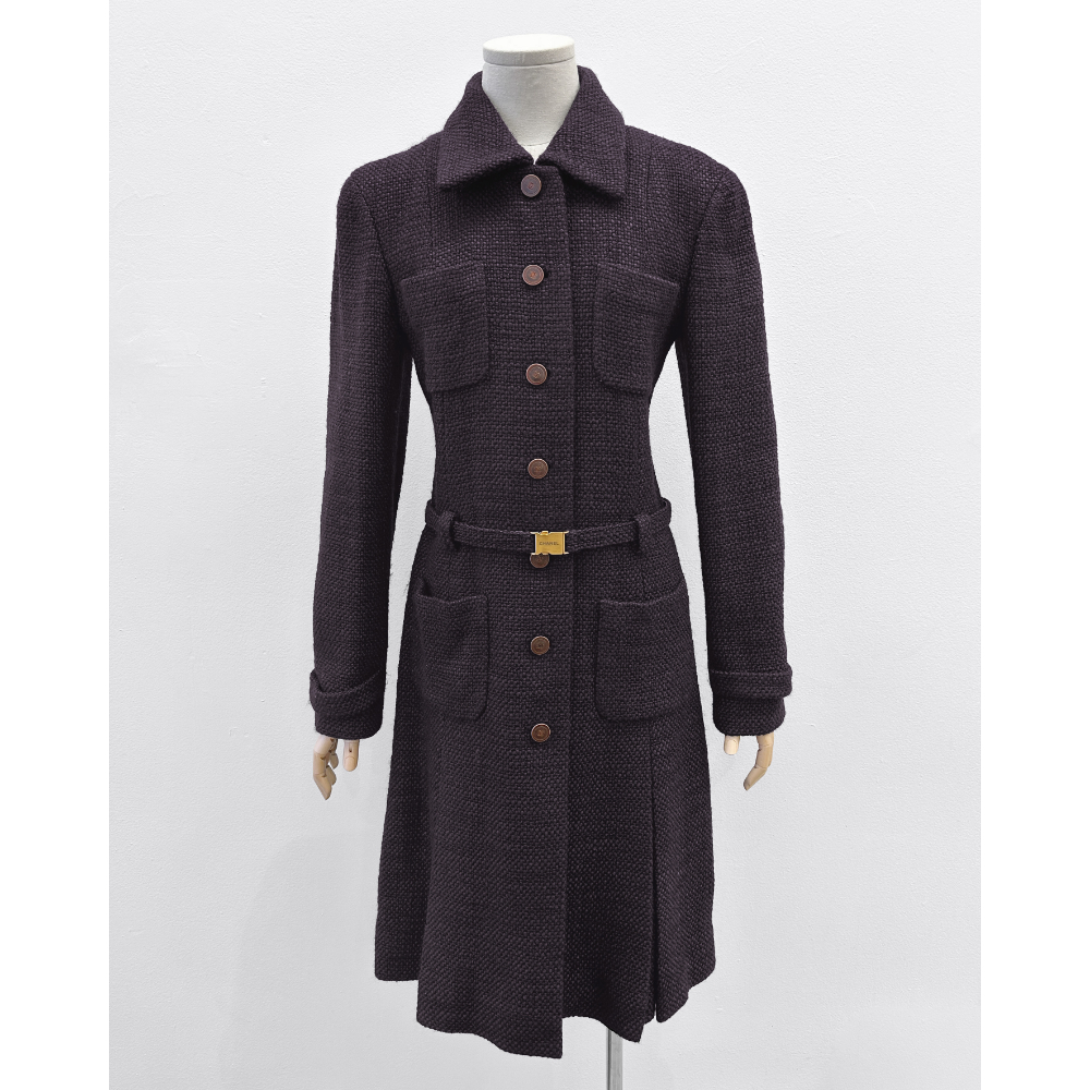 Chanel 2000 dark plum tweed belted coat ~ Size 6