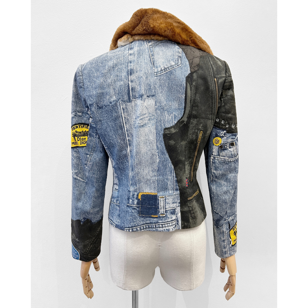Dior 2001 Galliano denim trompe I'oeil jacket with fur collar ~ Size 8