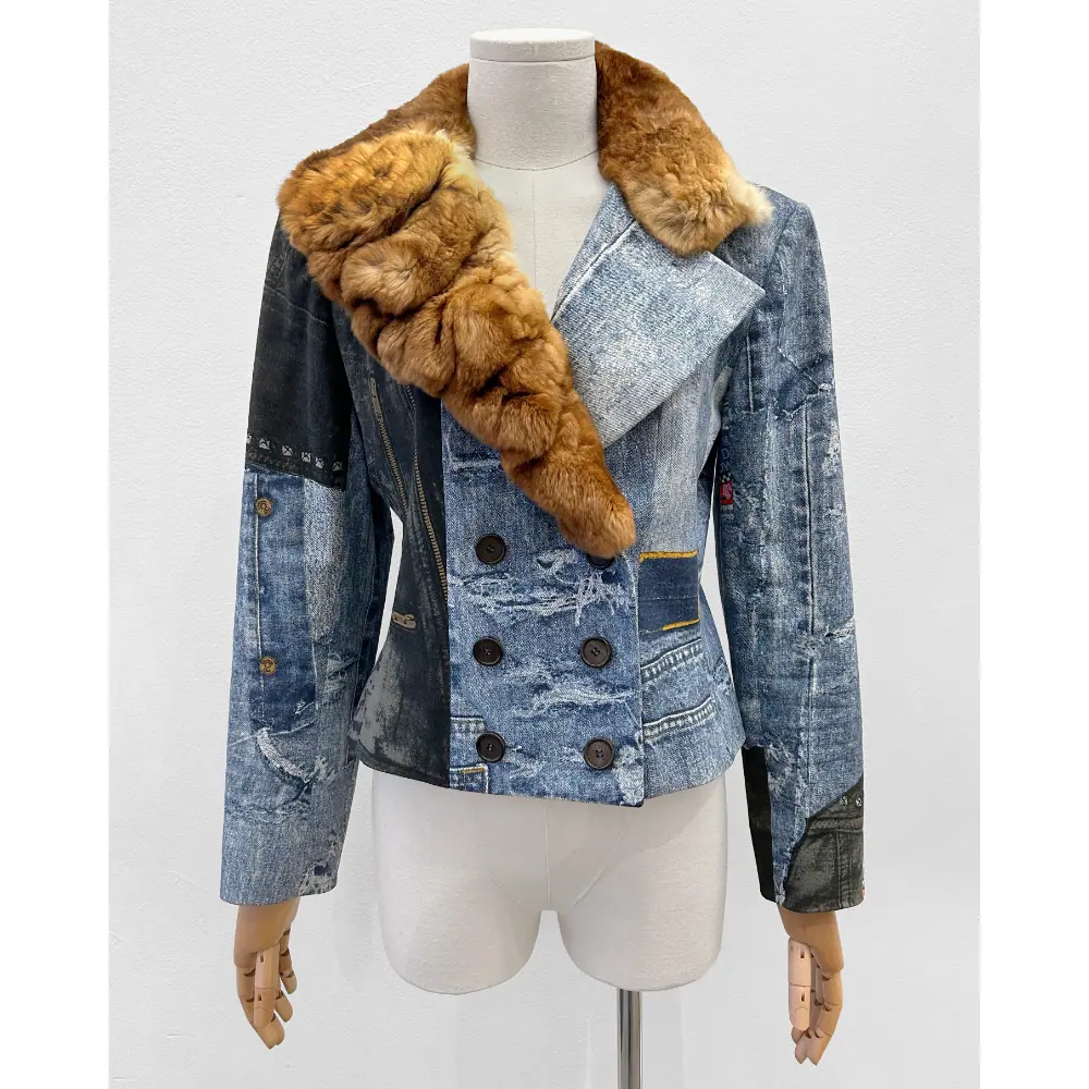 Dior 2001 Galliano denim trompe I'oeil jacket with fur collar ~ Size 8
