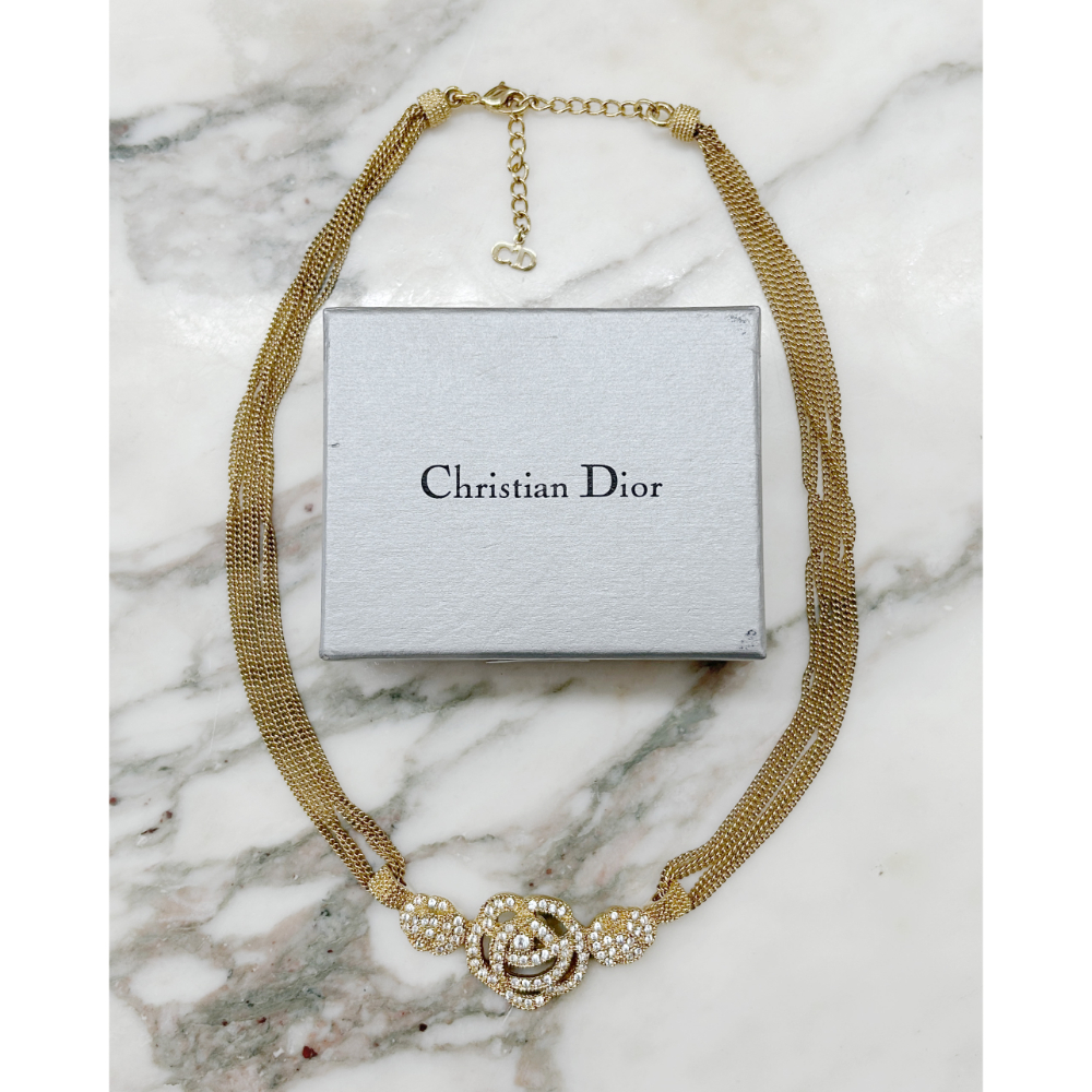 Dior gold tone & crystal flowers & chains necklace