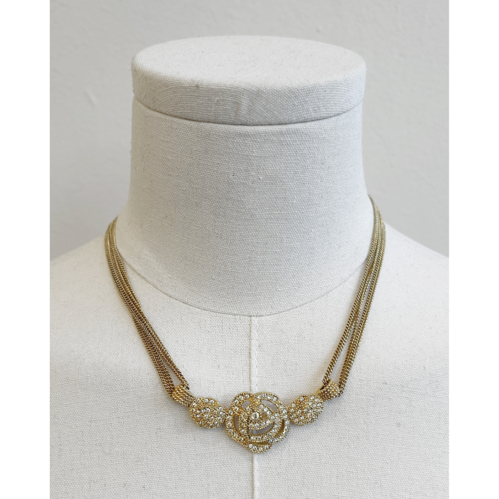 Dior gold tone & crystal flowers & chains necklace