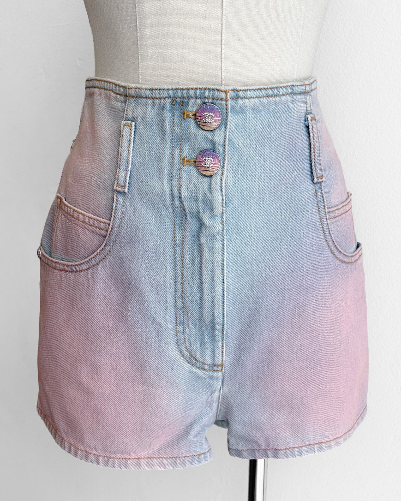 Chanel light wash and pink denim shorts