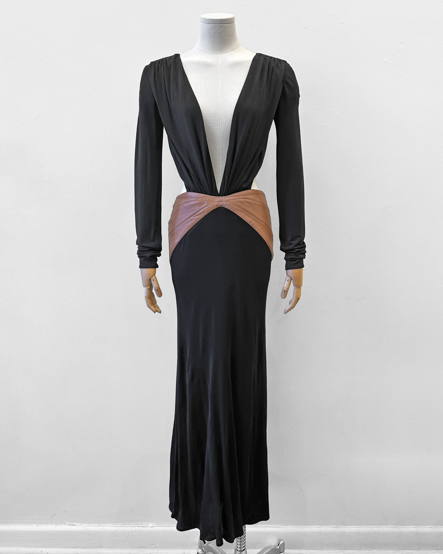 Gianni Versace 2001 black jersey and brown leather gown