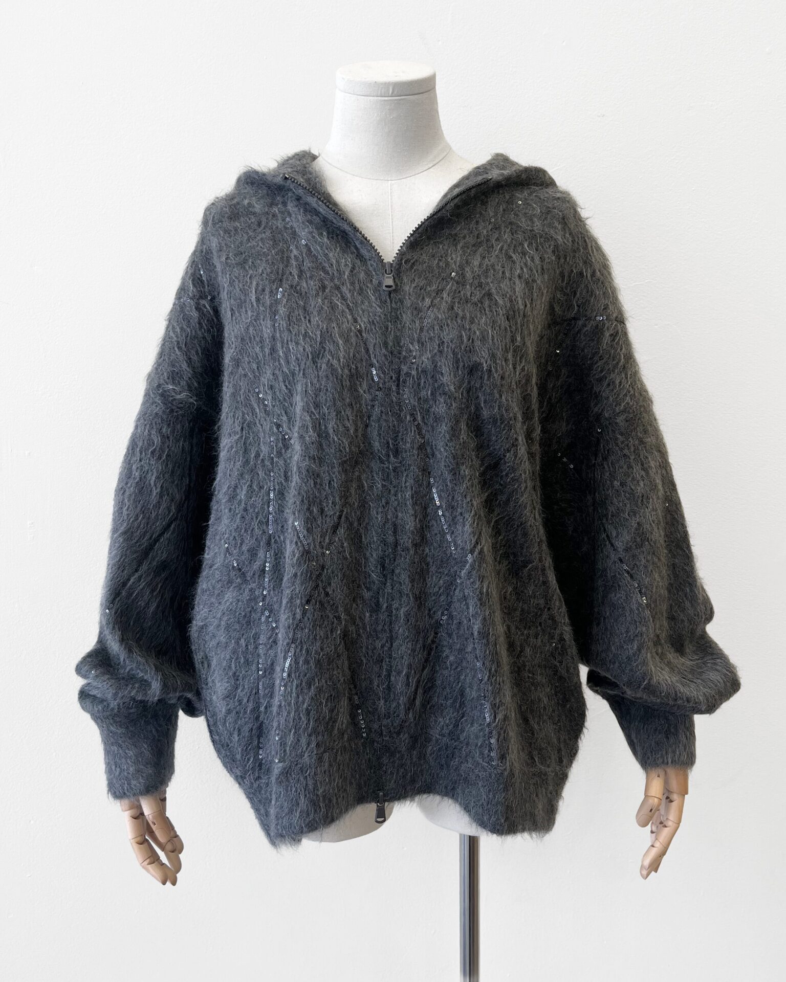 Brunello Cucinelli grey oversized sequined mohair zip-up hoodie
